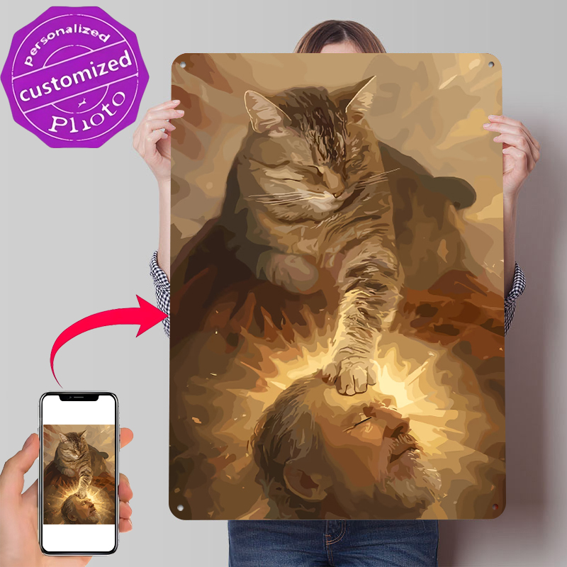 Cat Blessing a Man Tinplate Po - Desk Setup Vintage ulasan dan harga