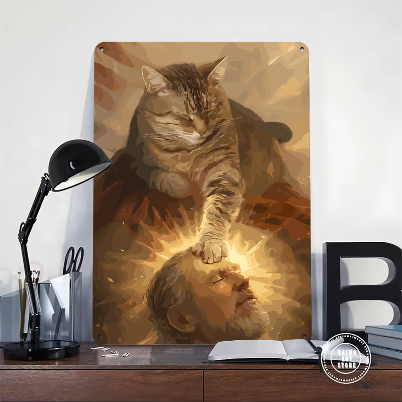 Cat Blessing a Man Tinplate Po - Desk Setup Vintage ulasan dan harga