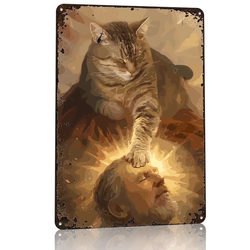 Cat Blessing a Man Tinplate Po - Desk Setup Vintage ulasan dan harga